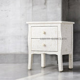 Bone Inlay Floral Design Curved Legs 2 Drawers Bedside Table White